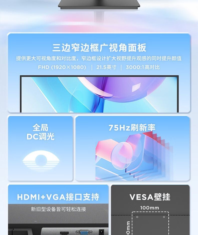 联想来酷21.5英寸全高清屏幕HDMI双接口微边框办公显示器XQ22e 商品详情 9