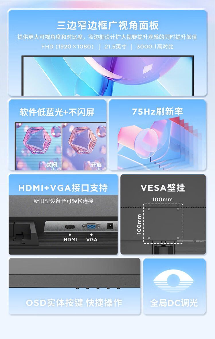 联想21.5英寸全高清 HDMI双接口75Hz办公显示器 支持壁挂 XQ22e 商品详情 9