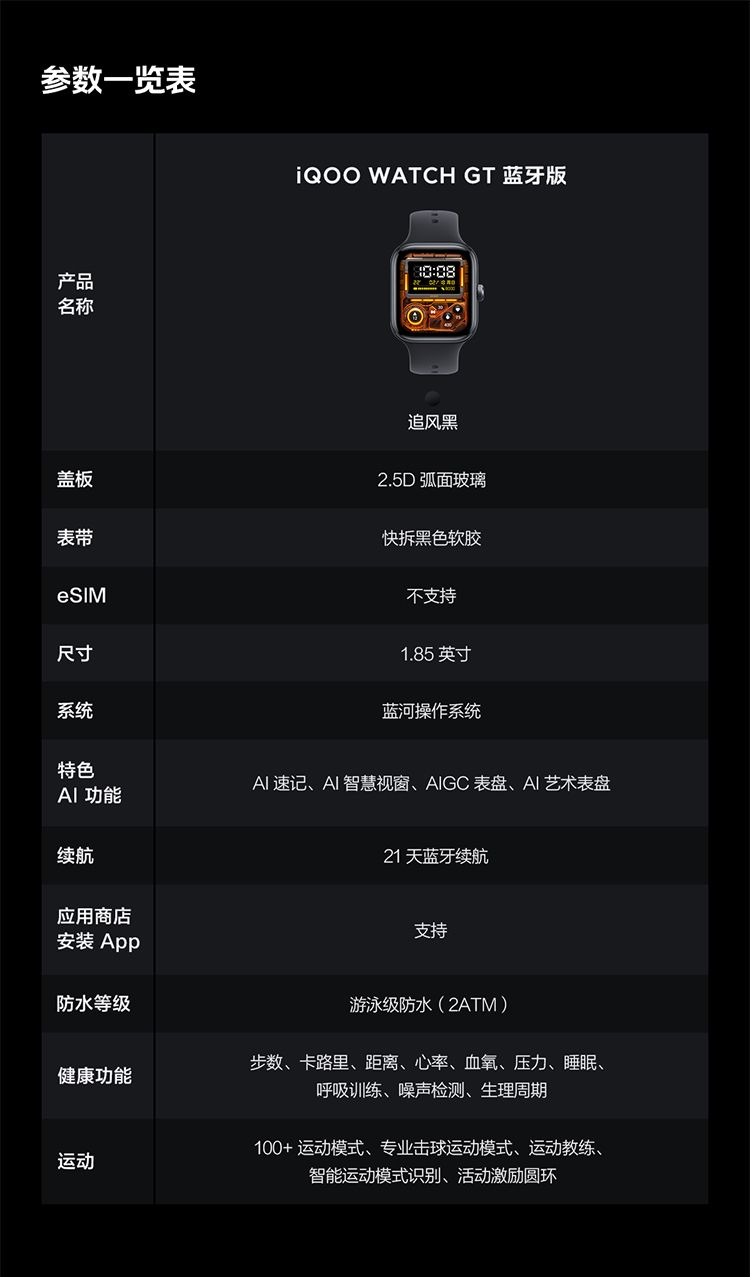【iQOO】 WATCH GT爆款智能手表21天蓝牙长续航eSIM防水防汗运动模式 商品详情 3
