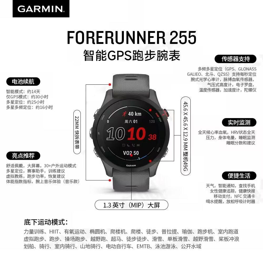 Garmin佳明Forerunner 255运动手表专业跑步游泳马拉松心率血氧 商品图 1
